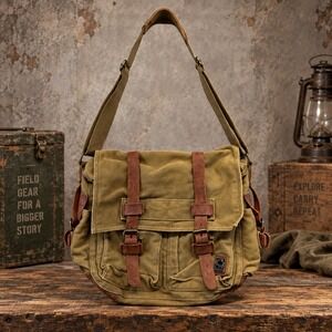 S.C. Cotton Military Messenger Bag Khaki Canvas Leather Trim Crossbody Satchel
